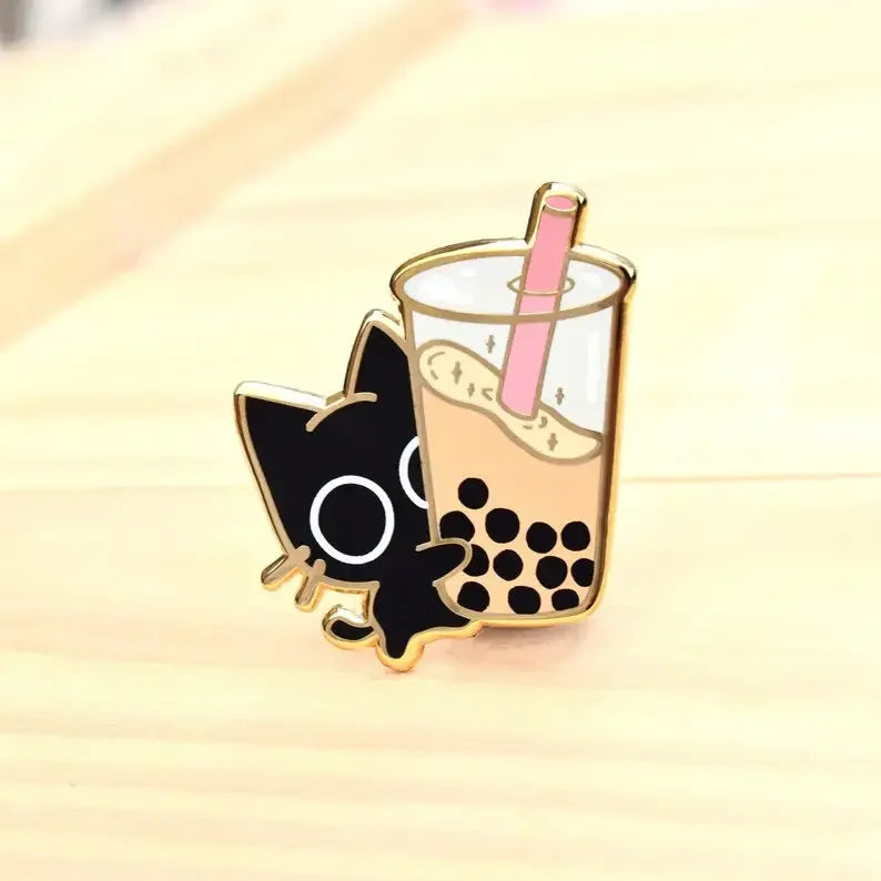 boba cat enamel pins