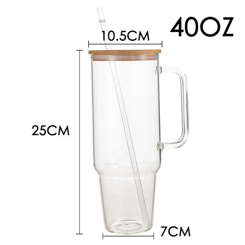 40oz clear and frosted glass cup with straw + handle