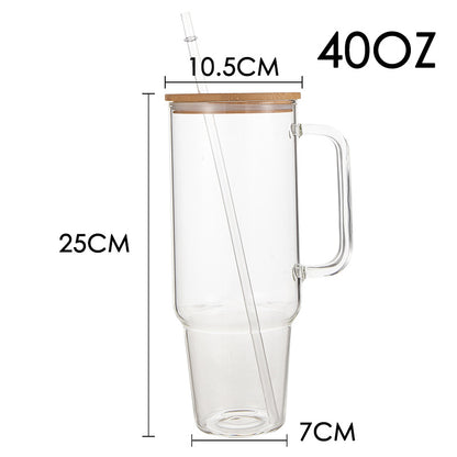 40oz clear and frosted glass cup with straw + handle