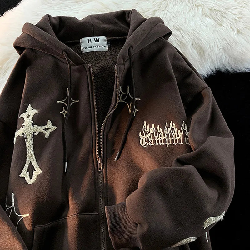 Harajuku Embroidery Sweatshirt Women Oversized Zip-Up Hoodies Gothic Hip Hop Hooded Streetwear Female Hoodie Y2k Full Jacket