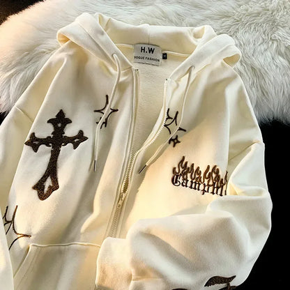 Harajuku Embroidery Sweatshirt Women Oversized Zip-Up Hoodies Gothic Hip Hop Hooded Streetwear Female Hoodie Y2k Full Jacket