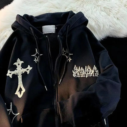 Harajuku Embroidery Sweatshirt Women Oversized Zip-Up Hoodies Gothic Hip Hop Hooded Streetwear Female Hoodie Y2k Full Jacket