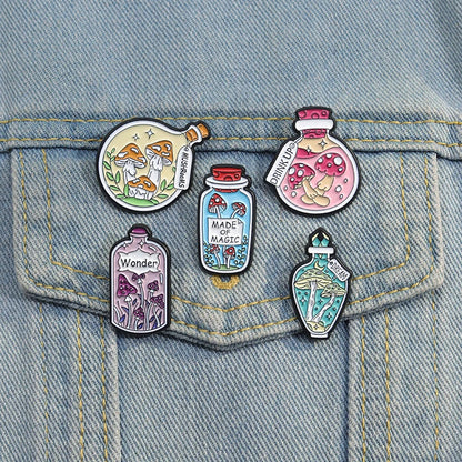 mushroom bottle enamel pins